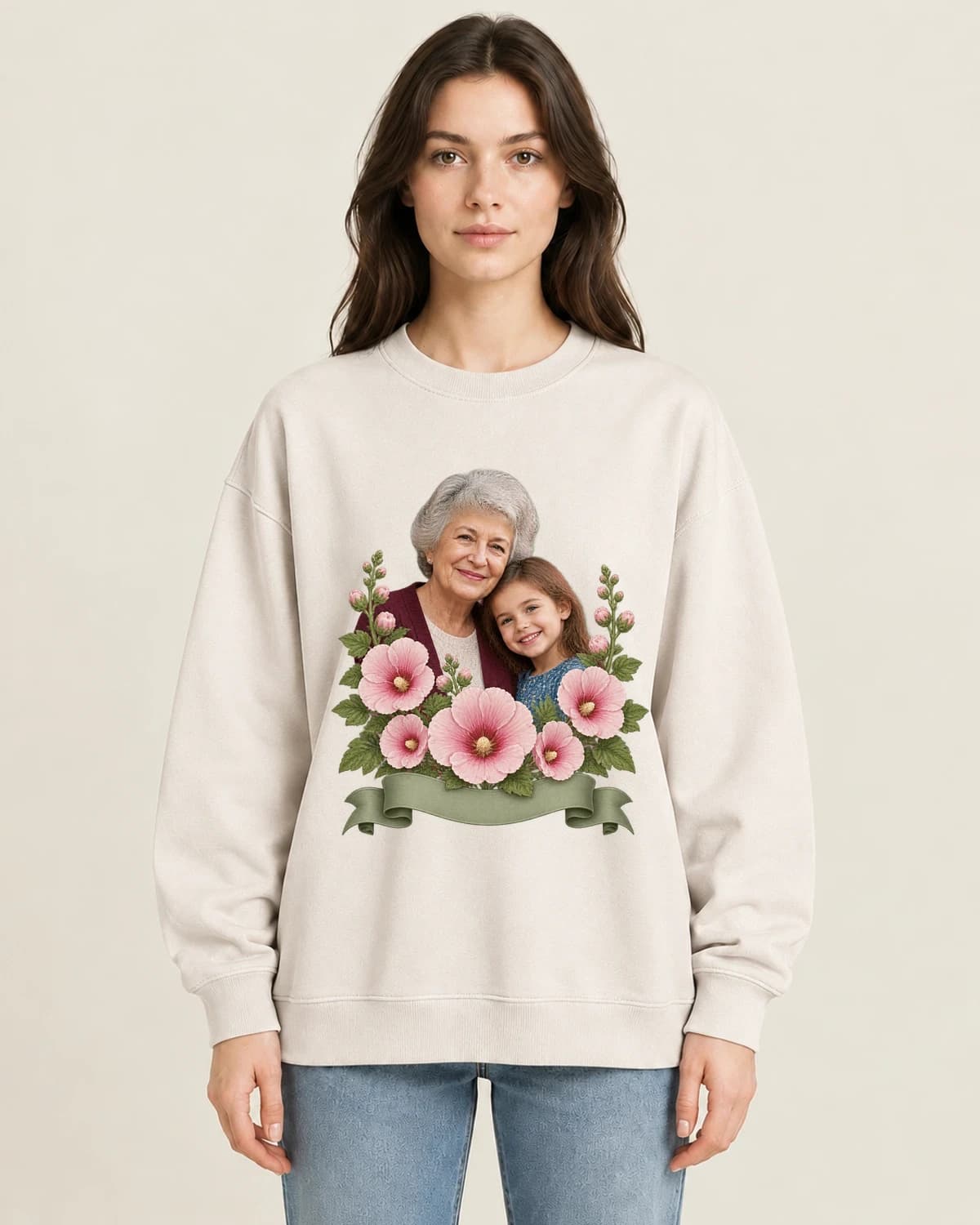 Grandmas Garden Window on women's 220gsm Apricot crewneck; illustrative styling