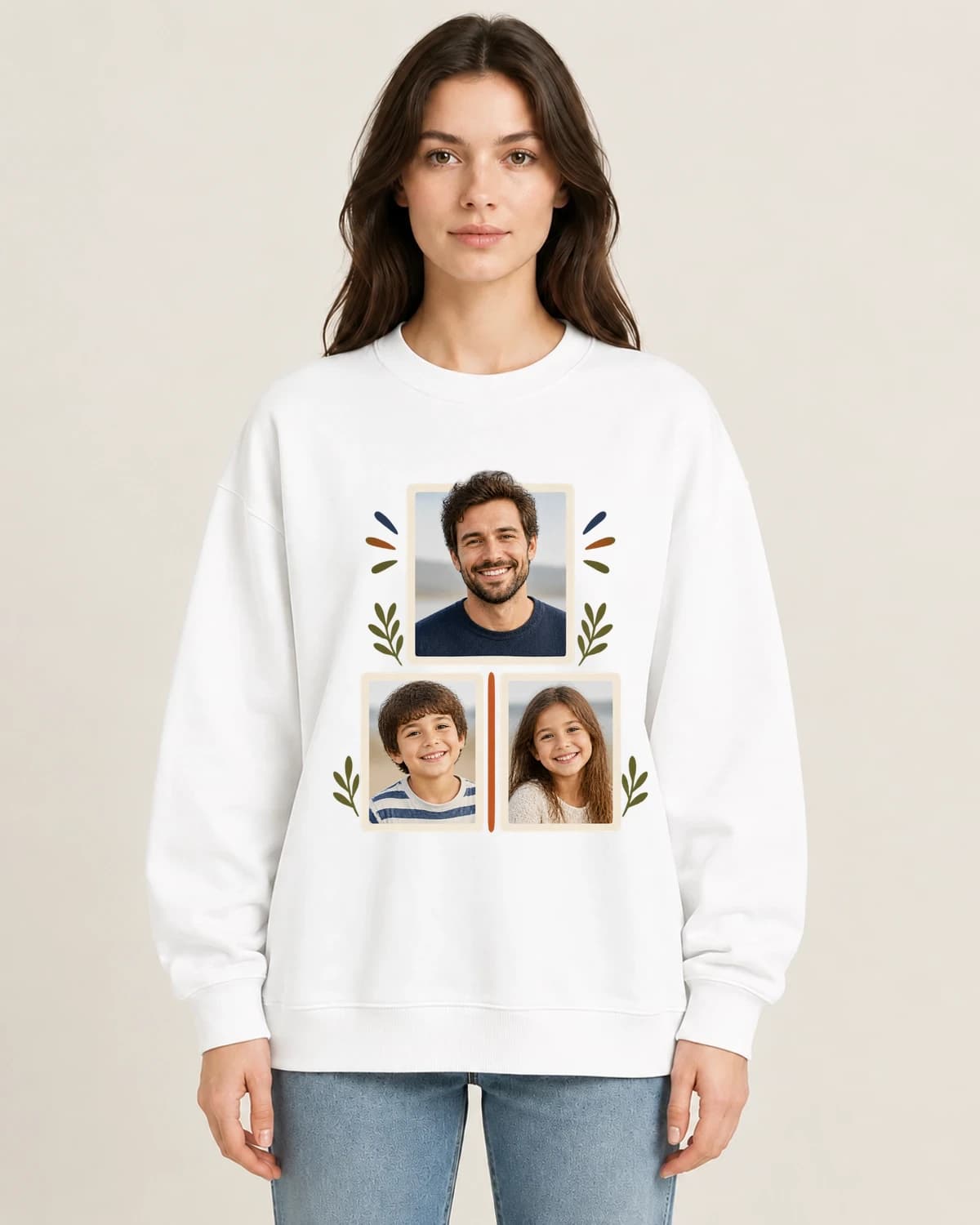 Dad Weekend Photo Stack on women's 220gsm White crewneck; illustrative styling