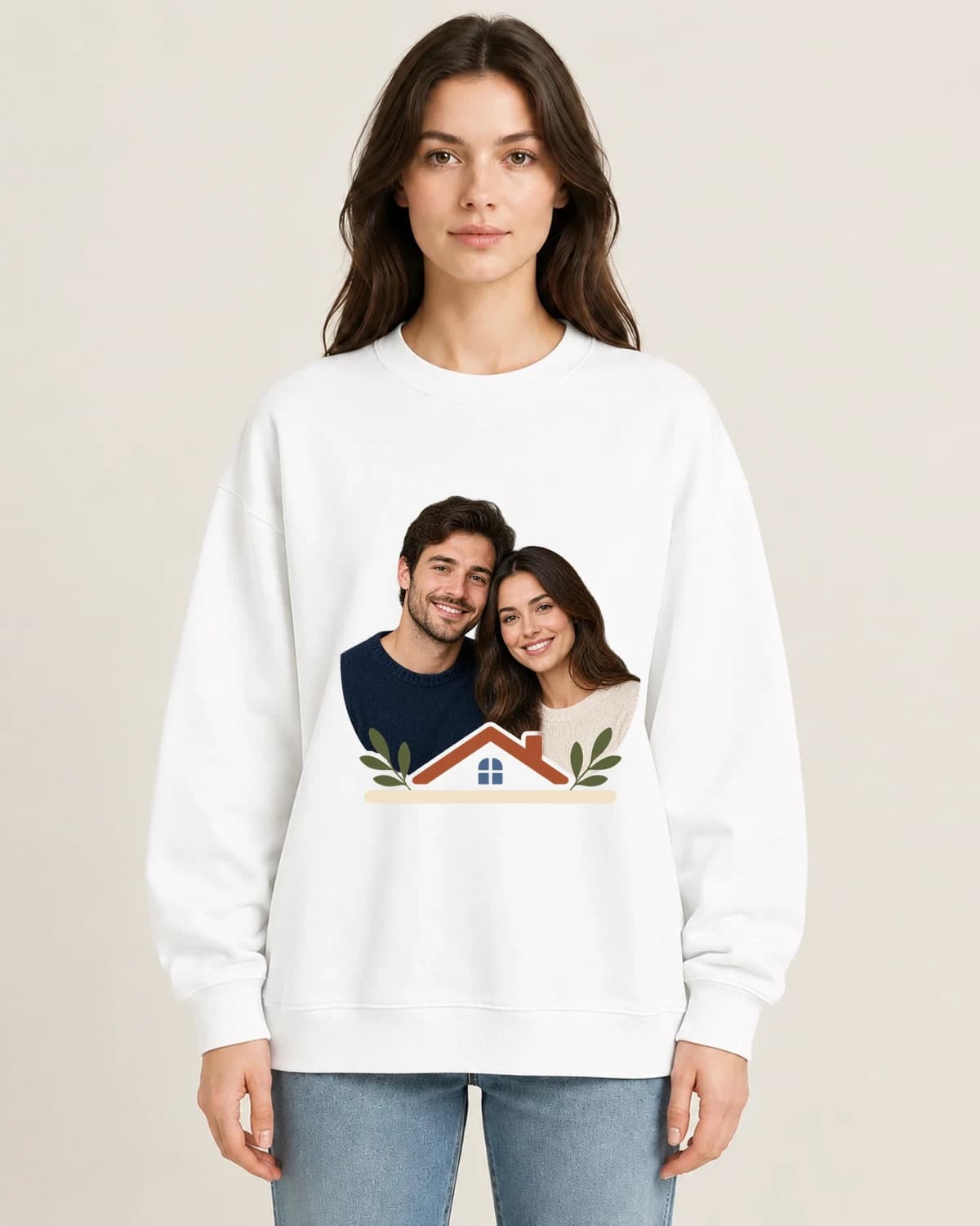 Home Is Our Photo on women's 220gsm White crewneck; illustrative styling