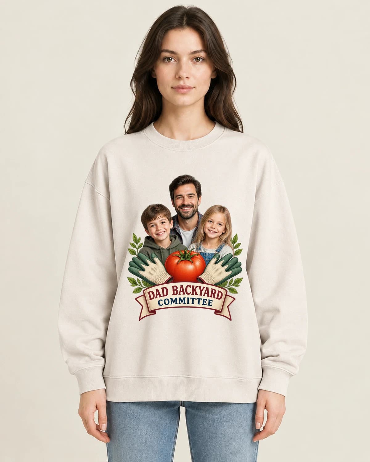 Dad Backyard Committee on women's 220gsm Apricot crewneck; illustrative styling