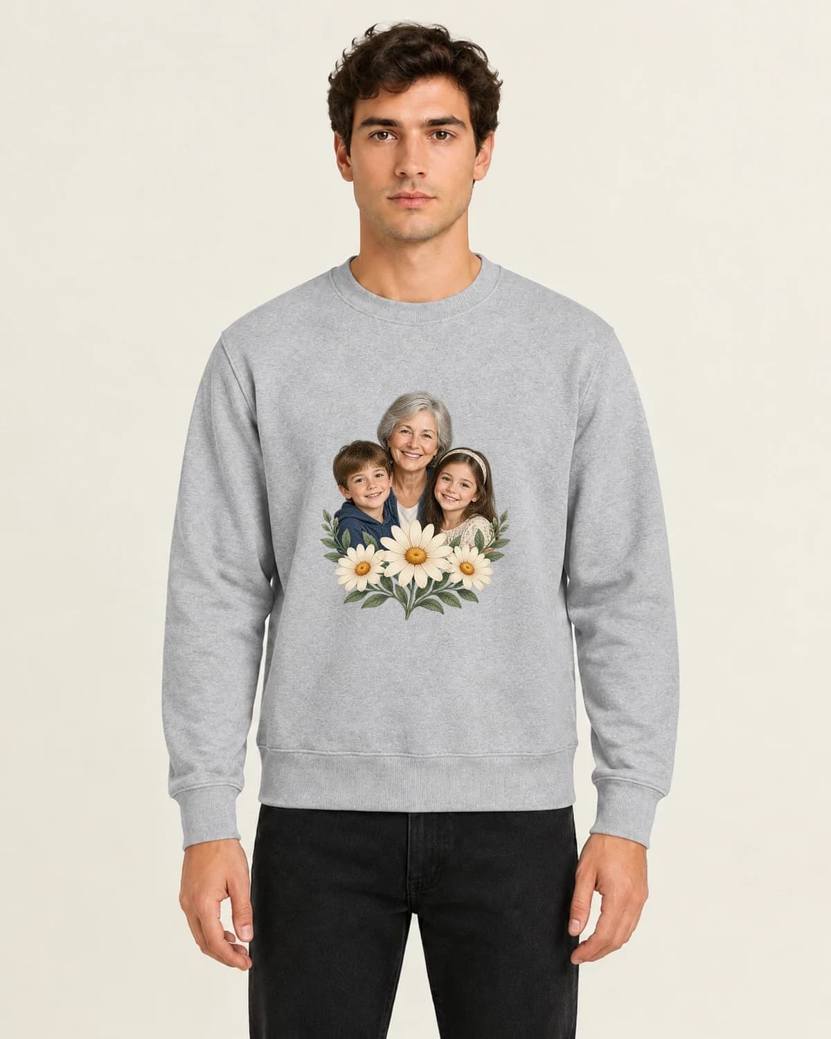 Flowers & ribbons: Her Grandkids Photo Garden on men's crewneck; illustrative styling