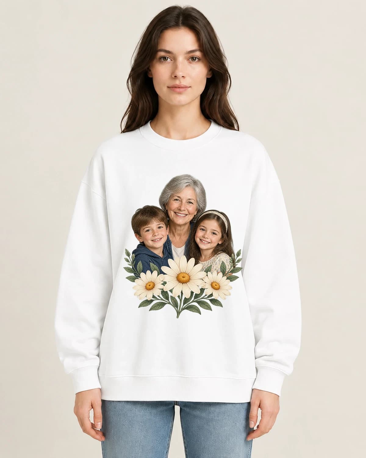 Her Grandkids Photo Garden on women's 220gsm White crewneck; illustrative styling