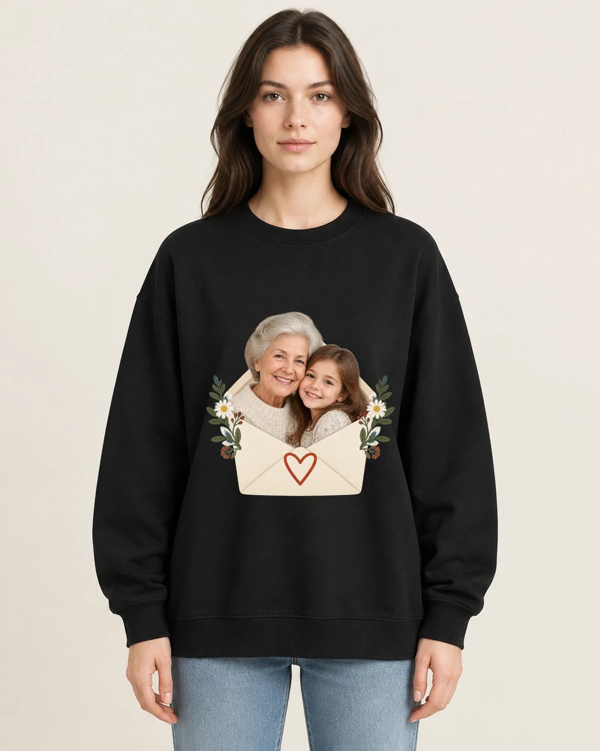 Nana Memory Letter on women's 220gsm Black crewneck; illustrative styling