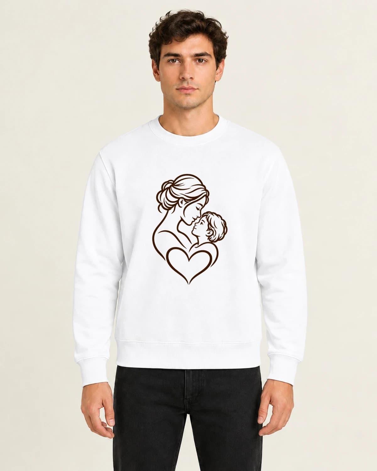 A few meaningful lines: Mother Child Quiet Ink on men's crewneck; illustrative styling