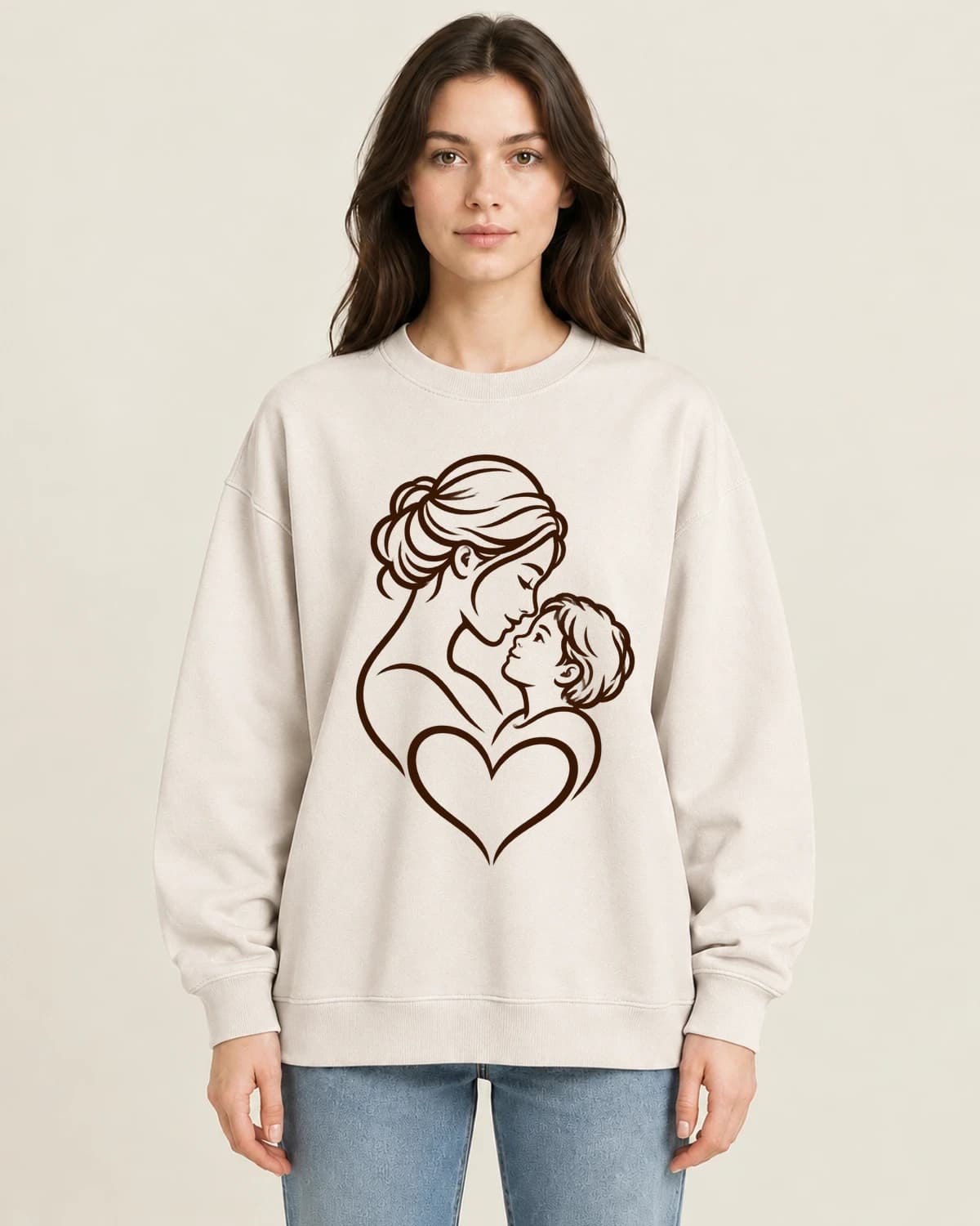 Mother Child Quiet Ink on women's 220gsm Apricot crewneck; illustrative styling