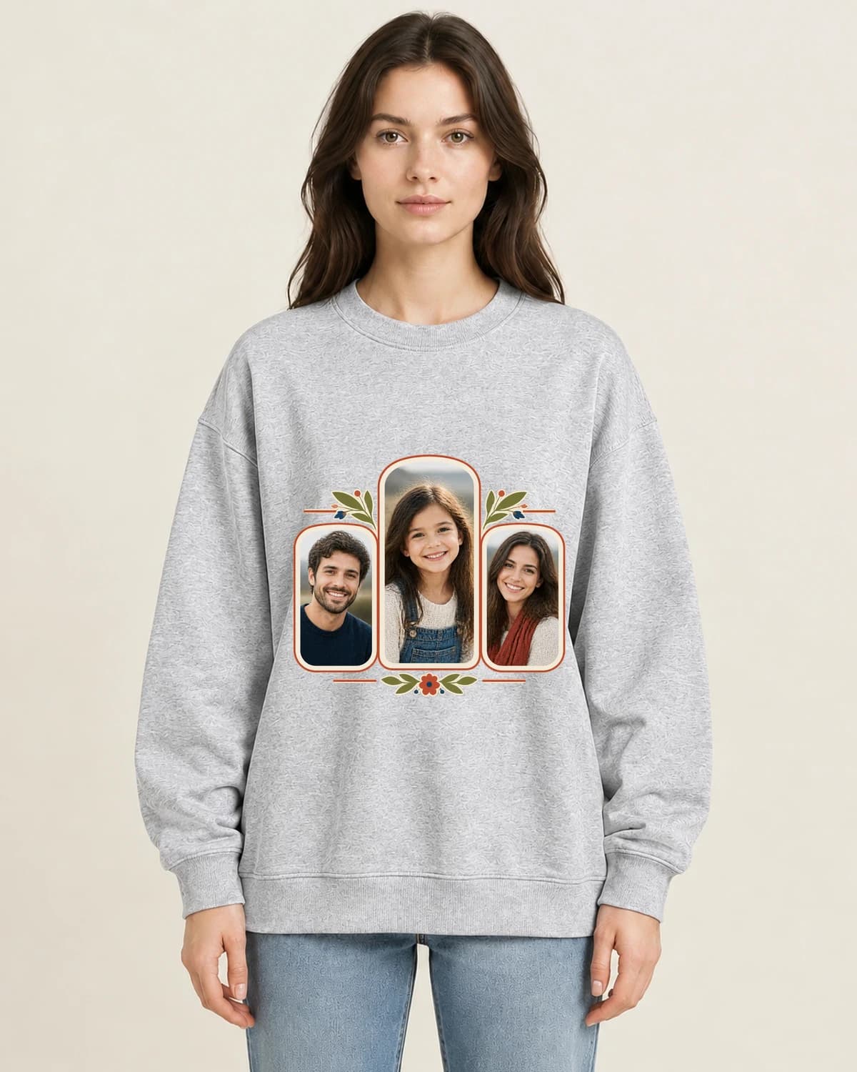 Family Camera Roll Three on women's 220gsm Gray crewneck; illustrative styling