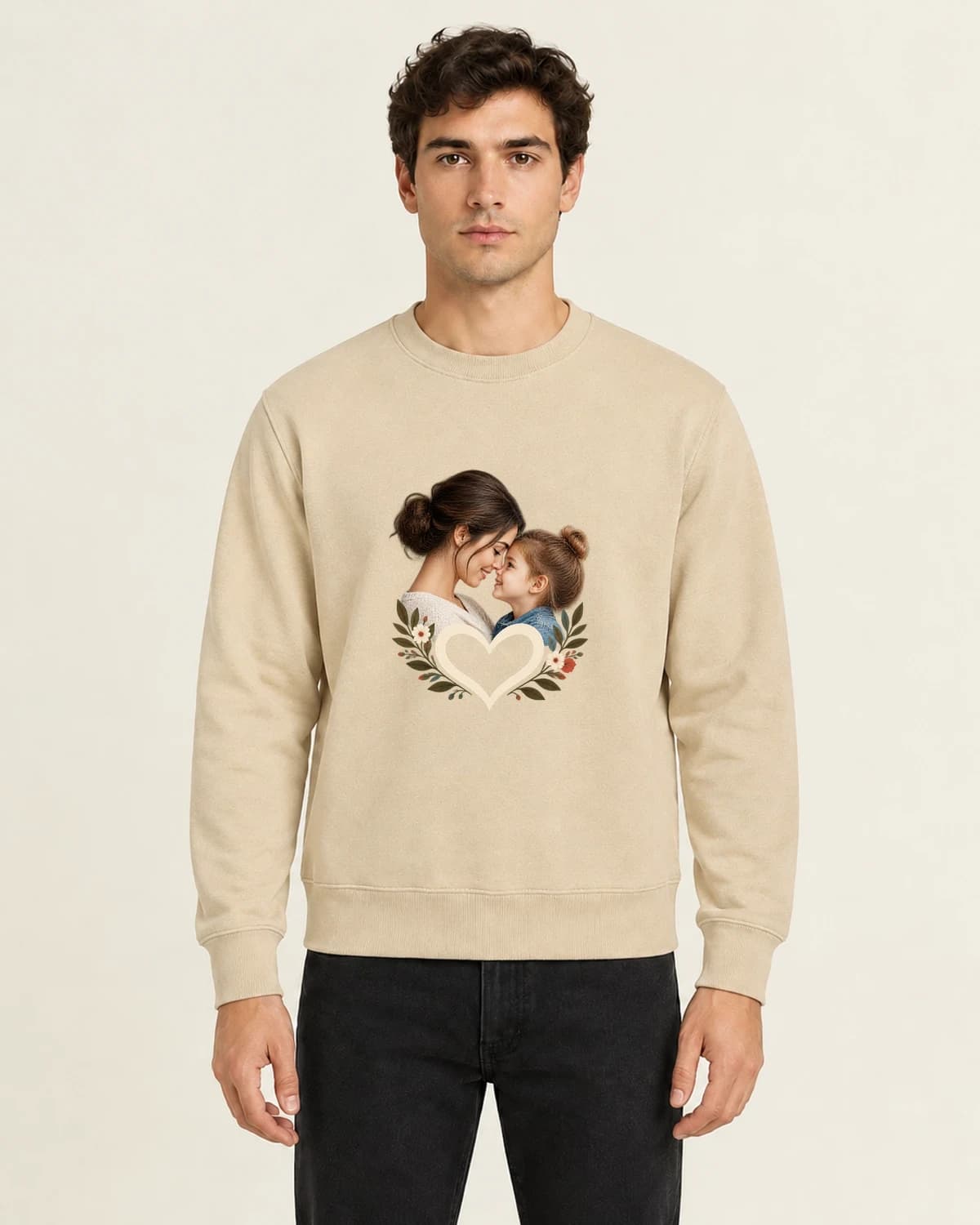 Close To Her Heart, men's 260gsm Sand; illustrative styling