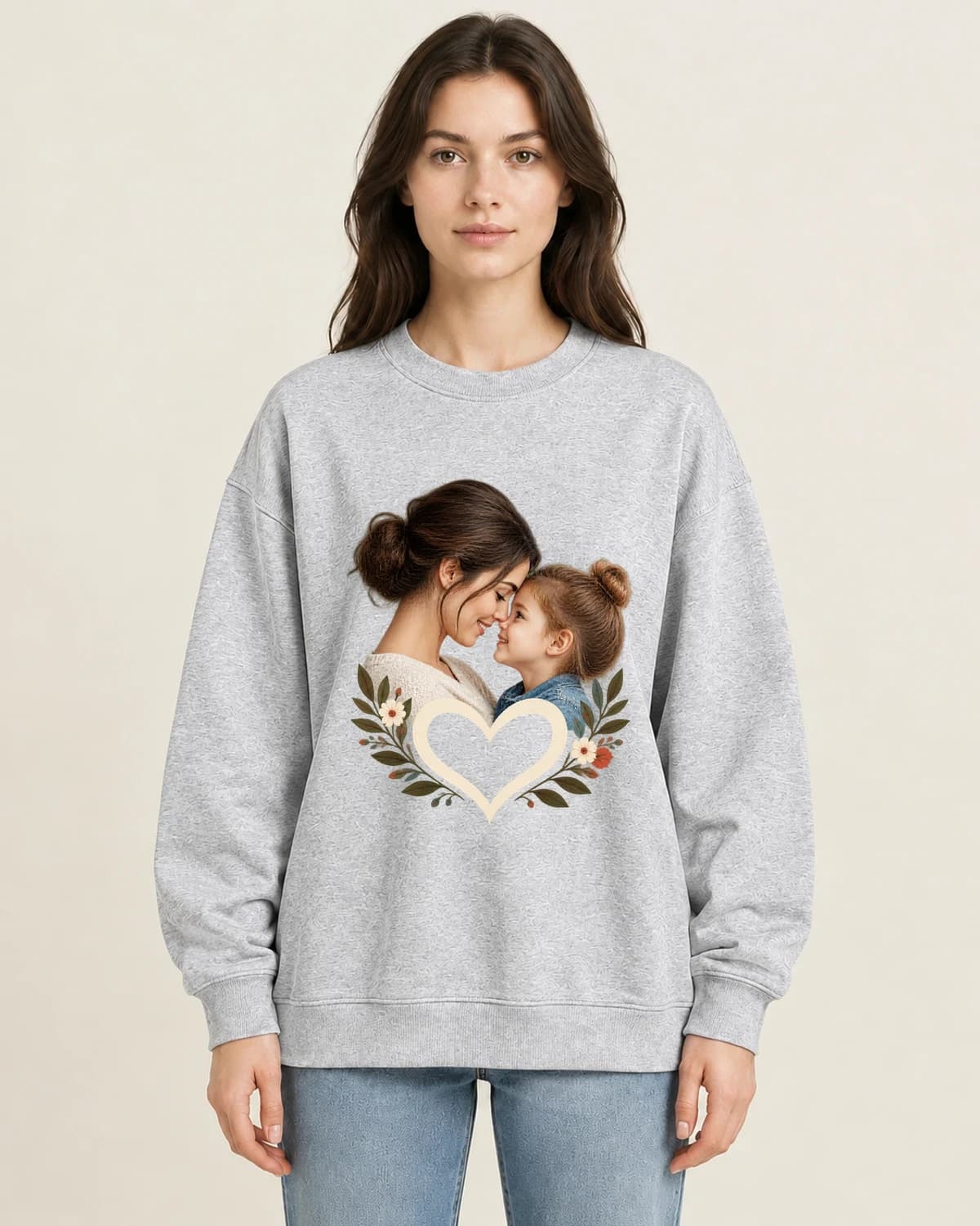 Close To Her Heart on women's 220gsm Gray crewneck; illustrative styling