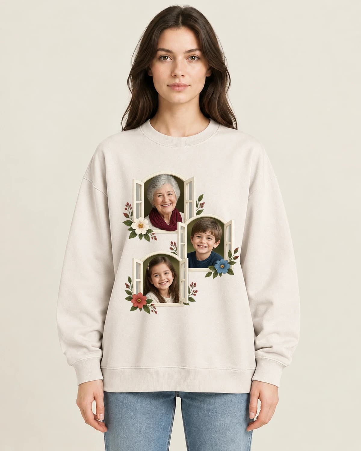 Nanas Memory Windows on women's 220gsm Apricot crewneck; illustrative styling