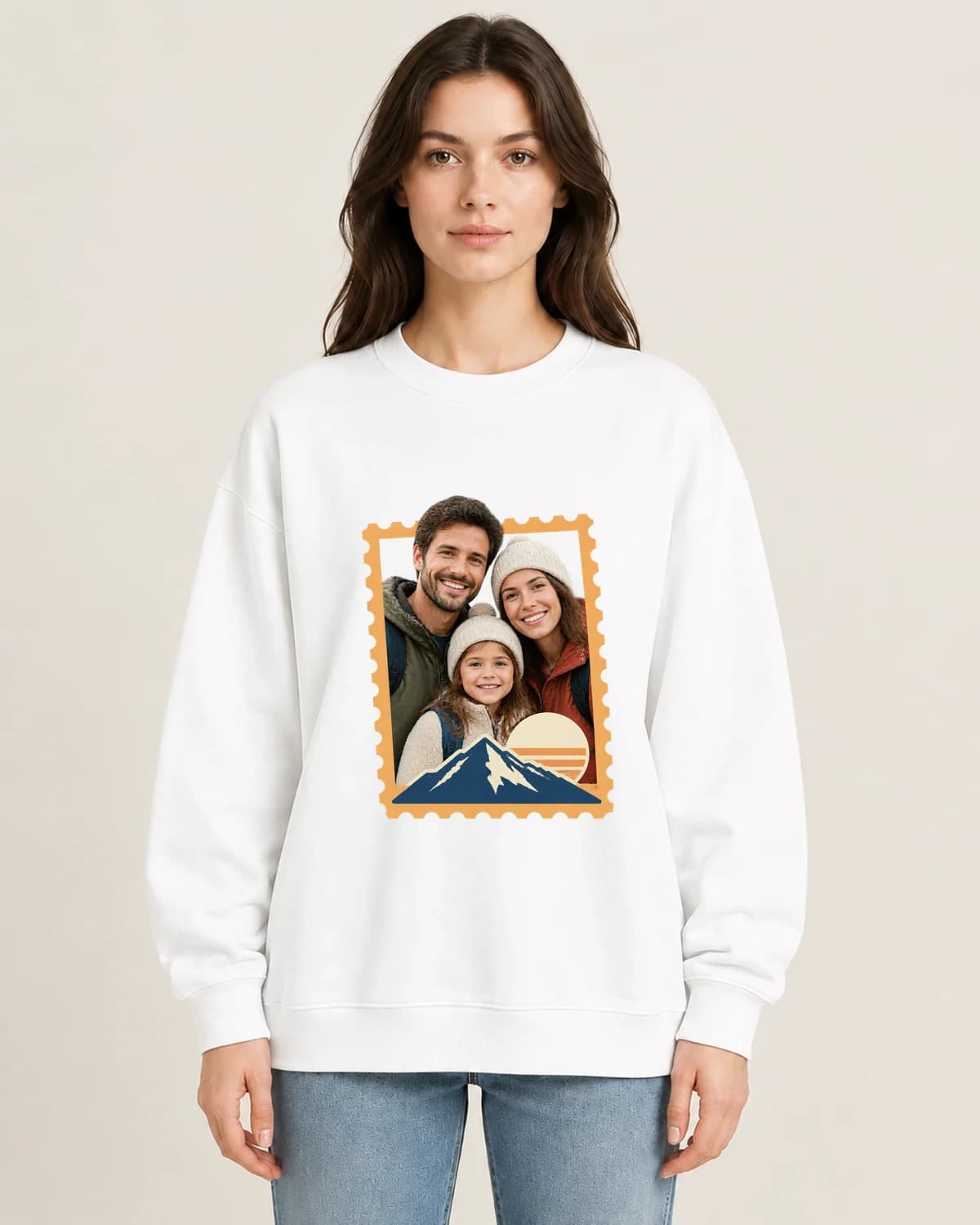 Home People Travel Stamp on women's 220gsm White crewneck; illustrative styling