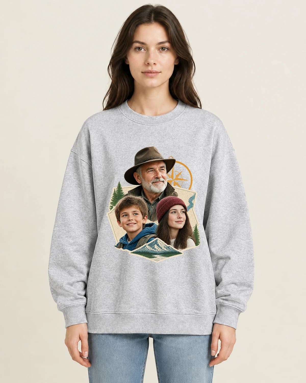 His Legacy Field Notes on women's 220gsm Gray crewneck; illustrative styling