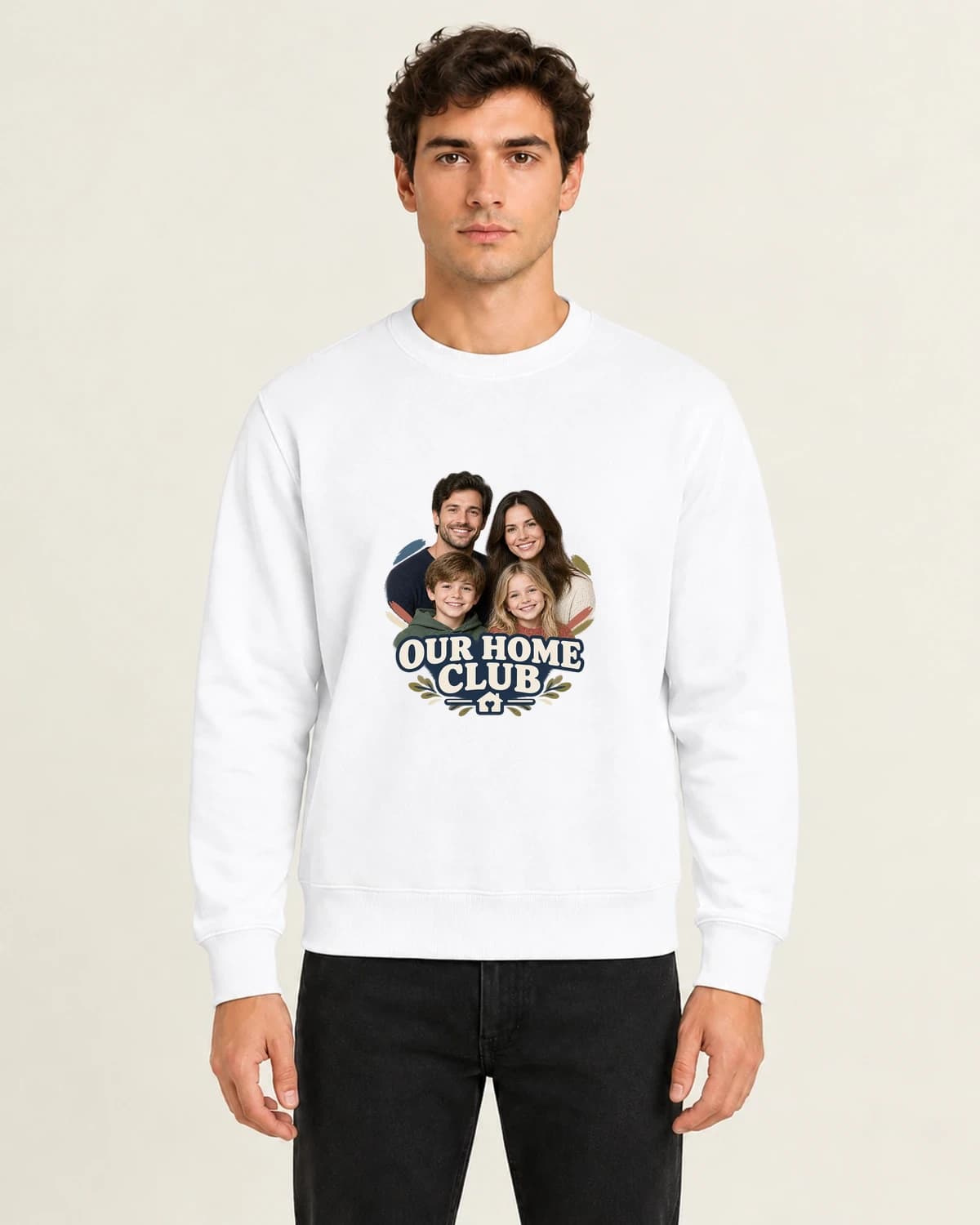Our Four Home Club, men's 260gsm White; illustrative styling