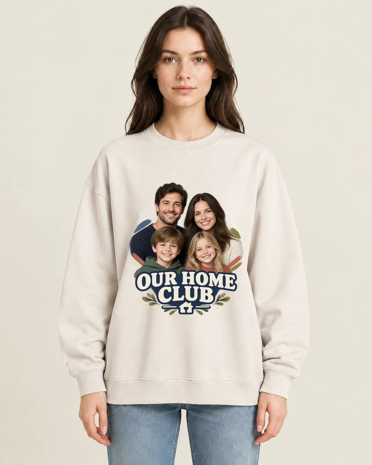 Our Four Home Club on women's 220gsm Apricot crewneck; illustrative styling