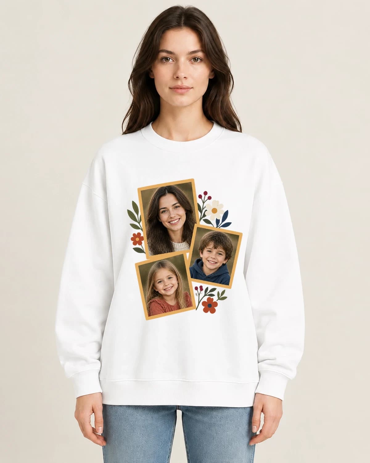 Her favorite people: The Mom Photo Quilt on women's crewneck; illustrative styling