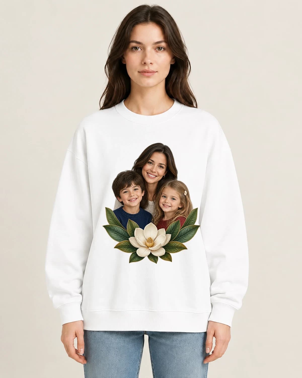 Mom Garden Trio Letter on women's 220gsm White crewneck; illustrative styling