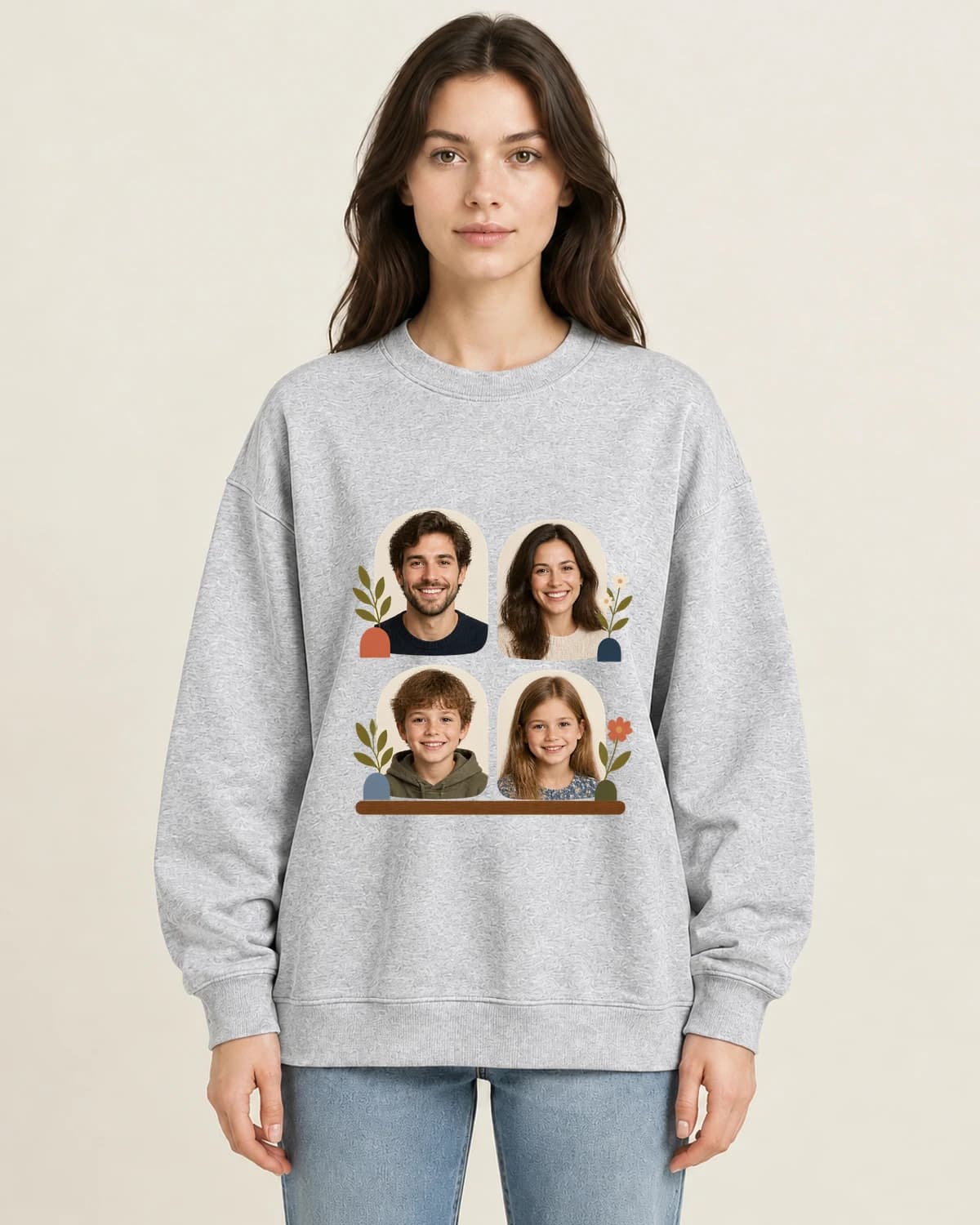 Our People Quiet Windows on women's 220gsm Gray crewneck; illustrative styling