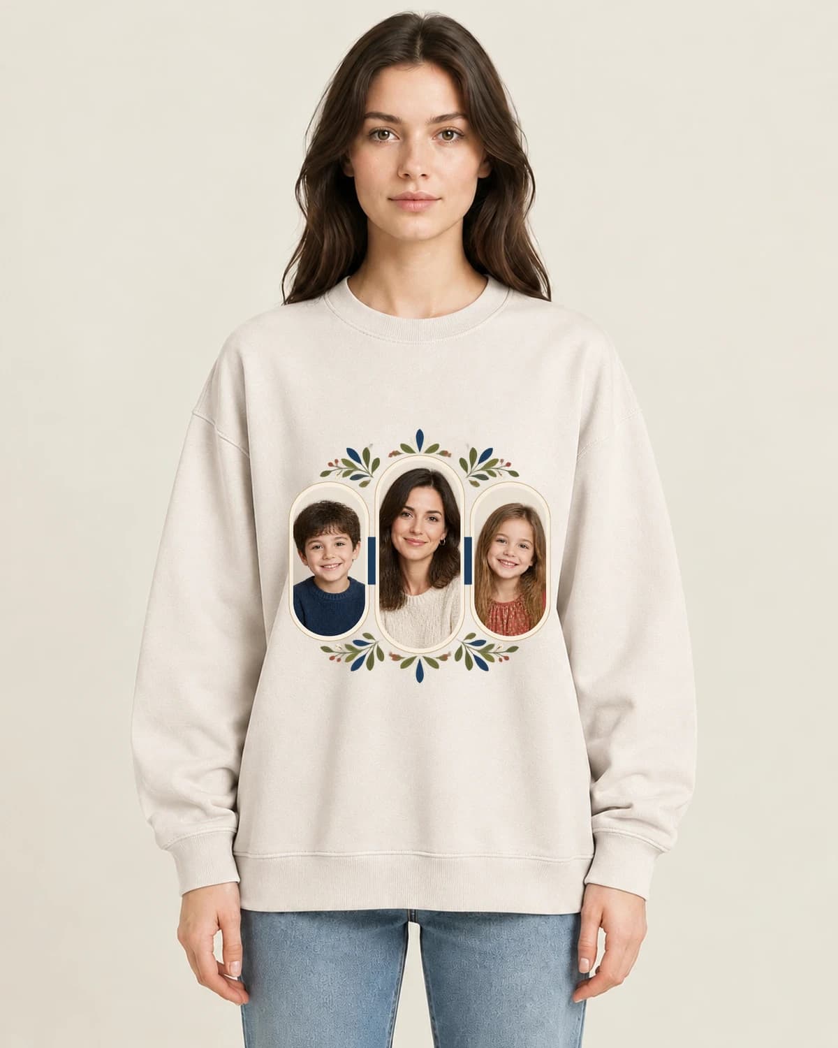 Camera-roll stories: Mama Memory Triptych on women's crewneck; illustrative styling