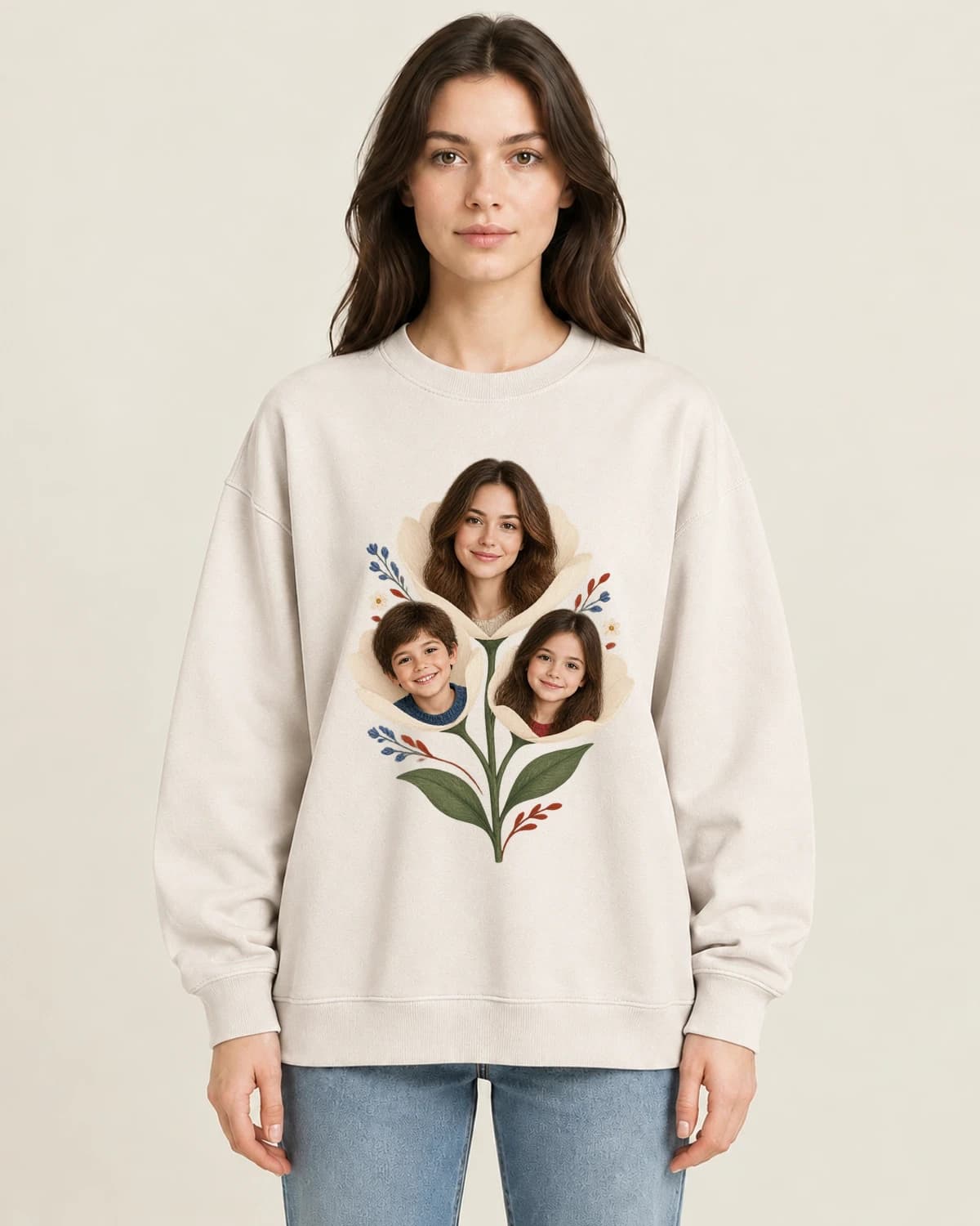 Her Everyday Flowers on women's 220gsm Apricot crewneck; illustrative styling