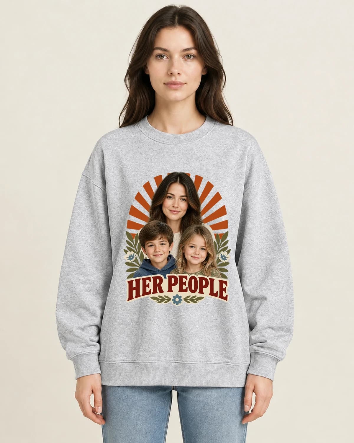 Her People Tour Poster on women's 220gsm Gray crewneck; illustrative styling