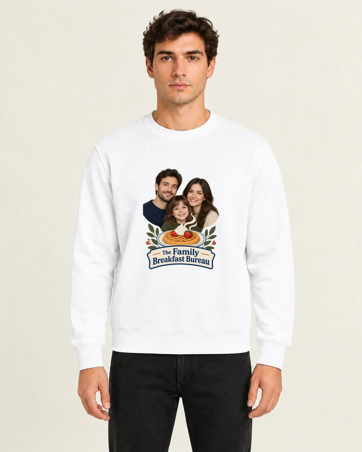 The Family Breakfast Bureau, men's 260gsm White; illustrative styling