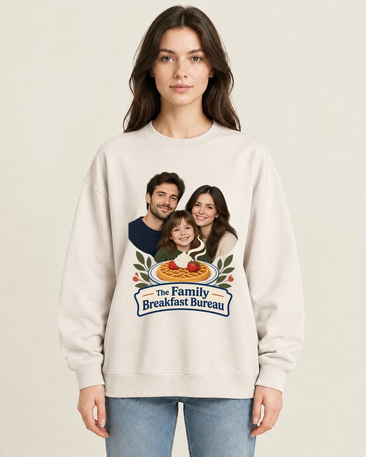 The Family Breakfast Bureau on women's 220gsm Apricot crewneck; illustrative styling