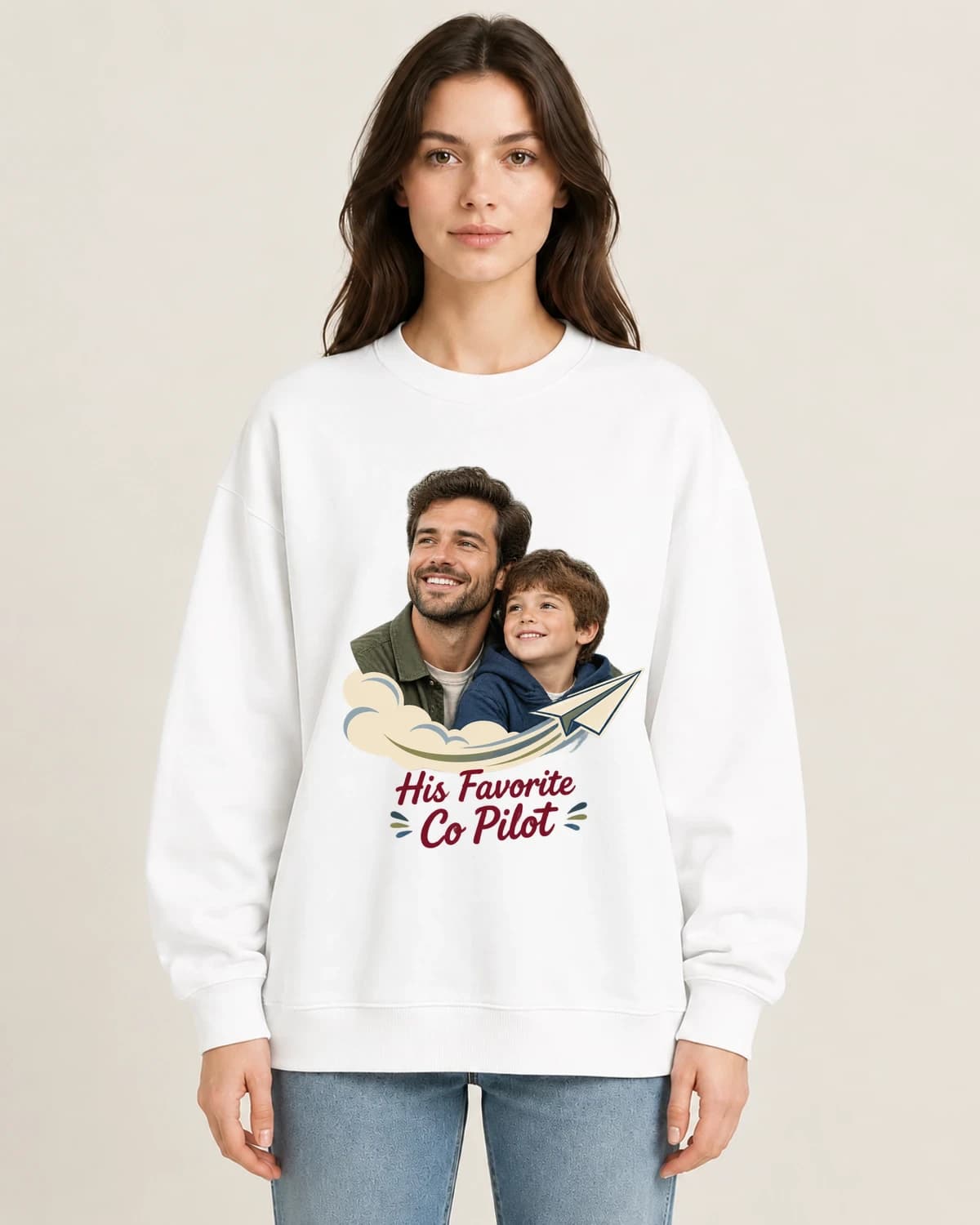 His Favorite Co Pilot on women's 220gsm White crewneck; illustrative styling