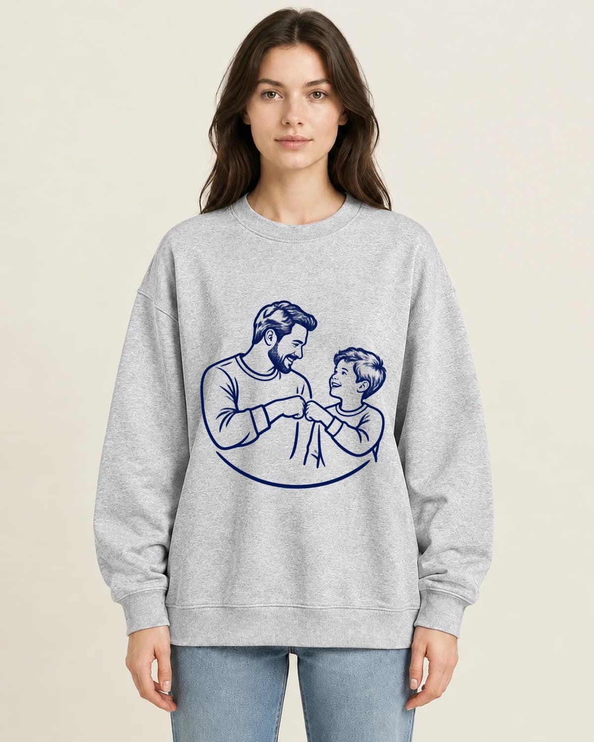 Dad And Me Ink Bond on women's 220gsm Gray crewneck; illustrative styling