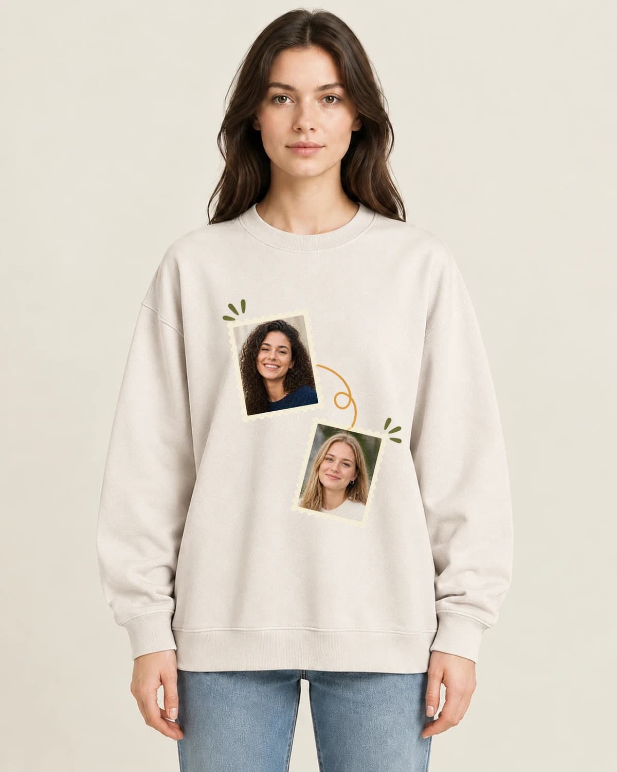Besties Photo Post Office on women's 220gsm Apricot crewneck; illustrative styling