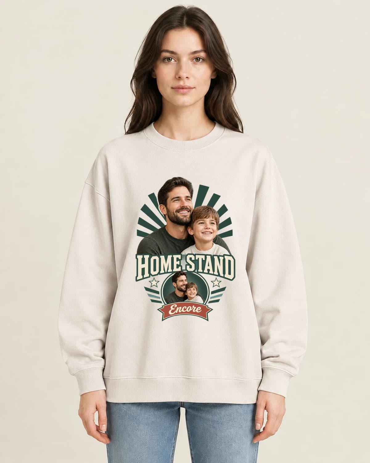 Dad Home Stand Encore on women's 220gsm Apricot crewneck; illustrative styling