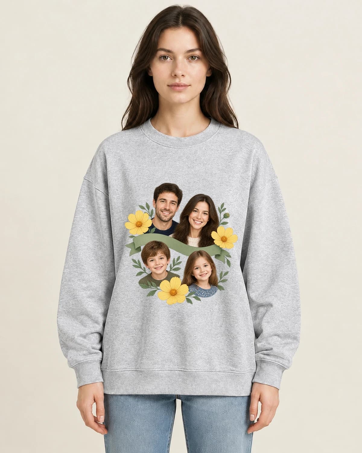 Family Four Garden Fold on women's 220gsm Gray crewneck; illustrative styling