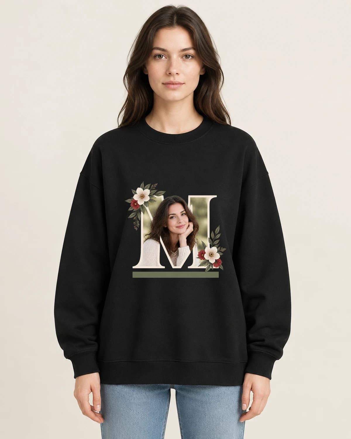 Gentle Memory Photo Letter on women's 220gsm Black crewneck; illustrative styling
