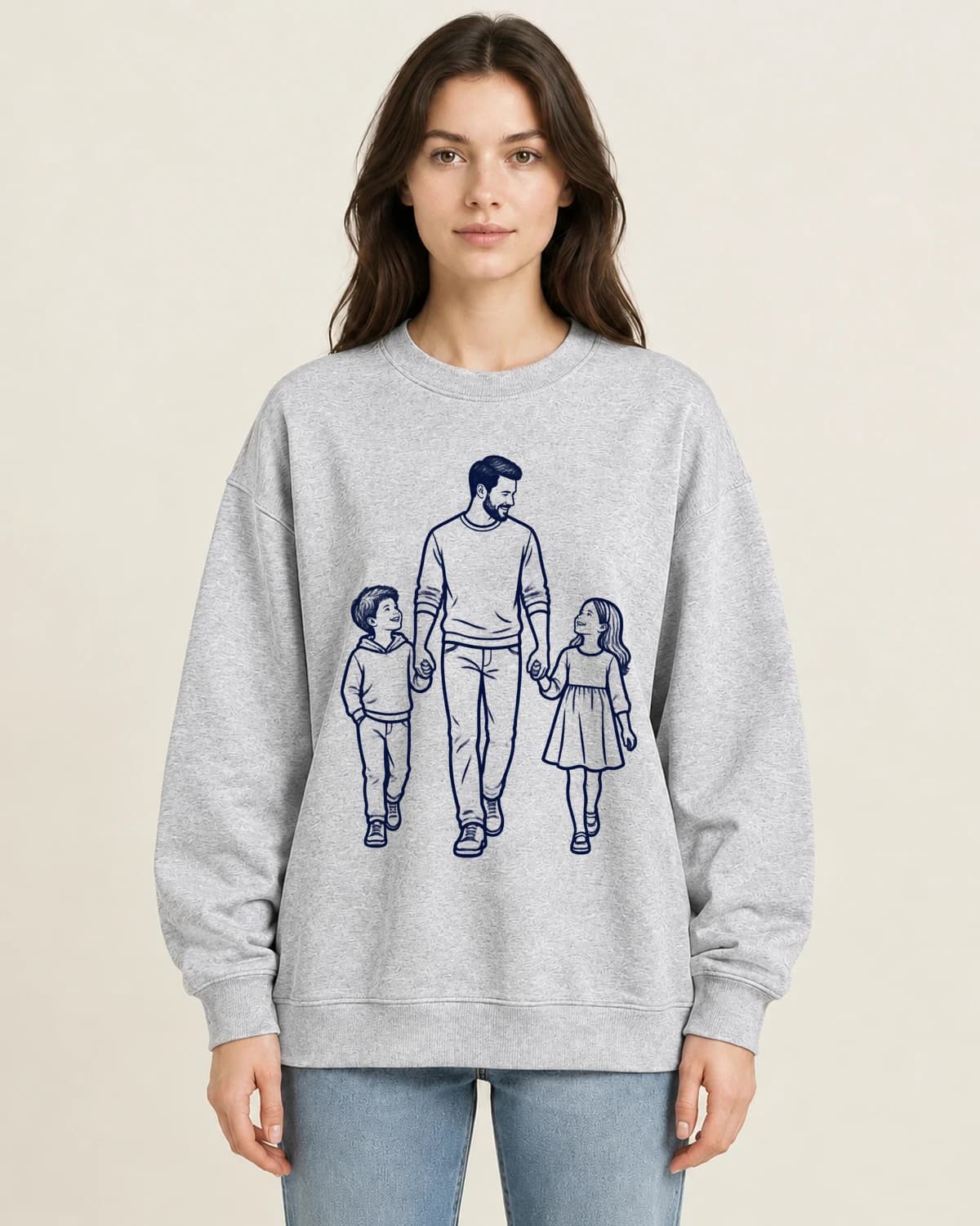 Three Hands Dad Ink on women's 220gsm Gray crewneck; illustrative styling