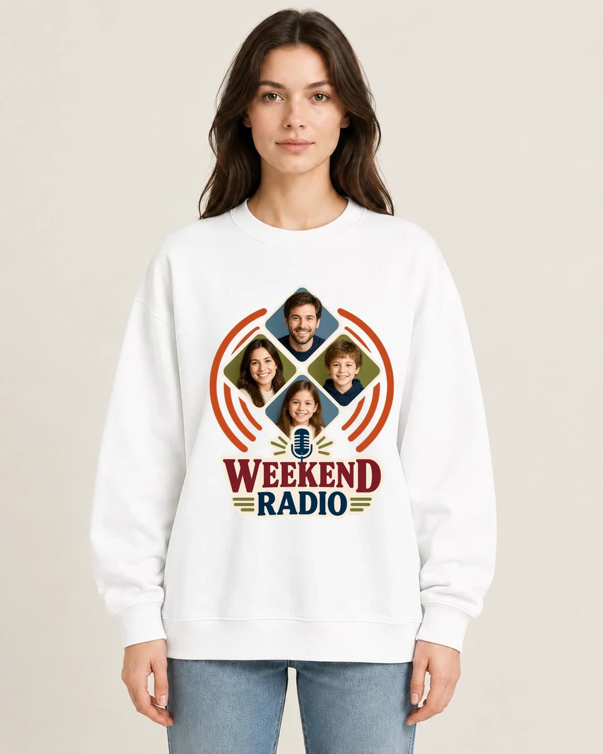 Family Four Weekend Radio on women's 220gsm White crewneck; illustrative styling