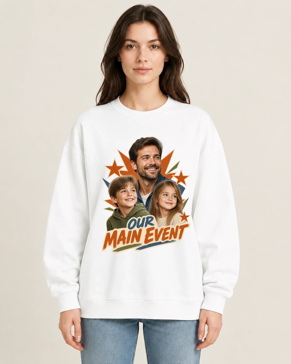Dad People Main Event on women's 220gsm White crewneck; illustrative styling