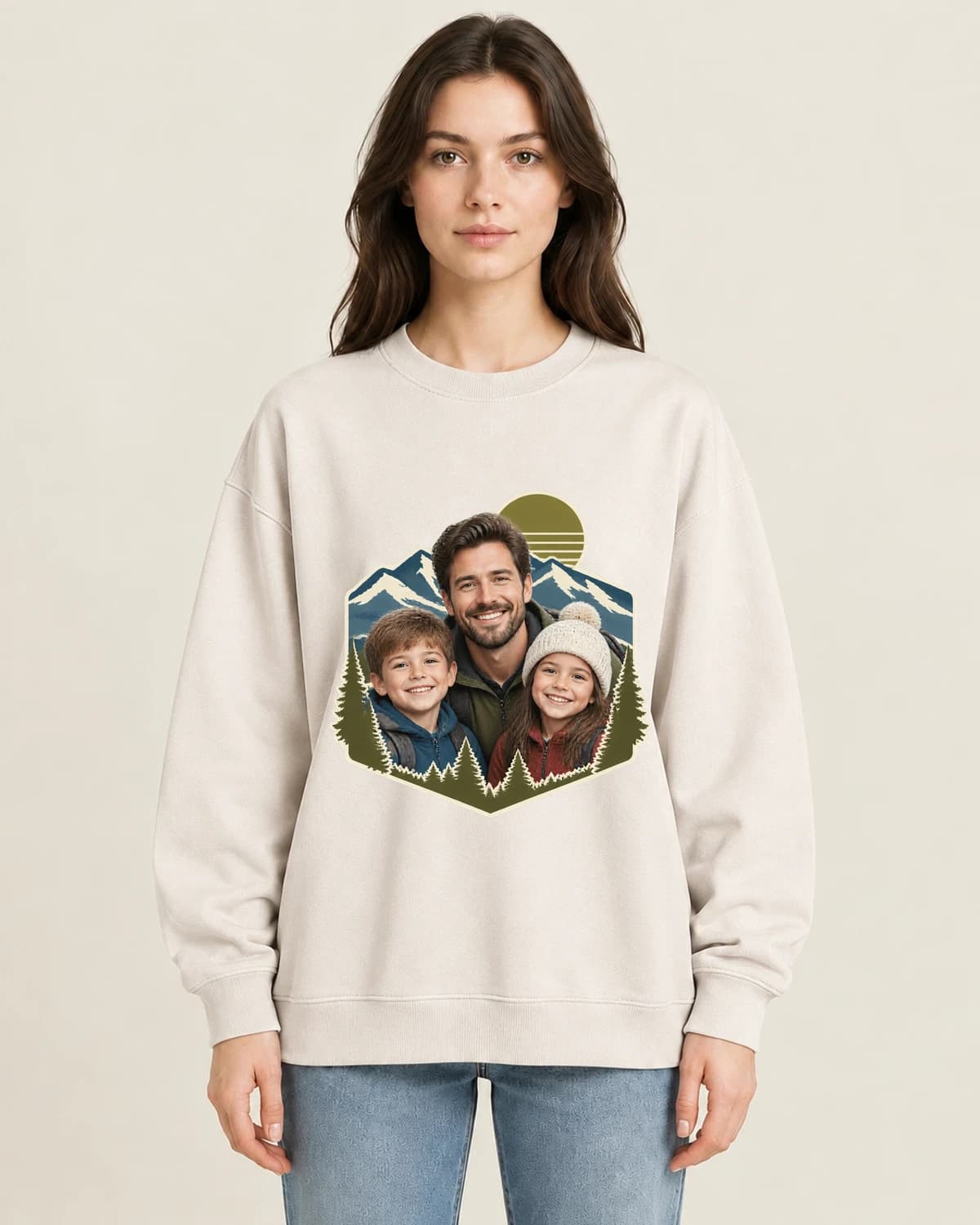 Fatherhood Trail Trio on women's 220gsm Apricot crewneck; illustrative styling