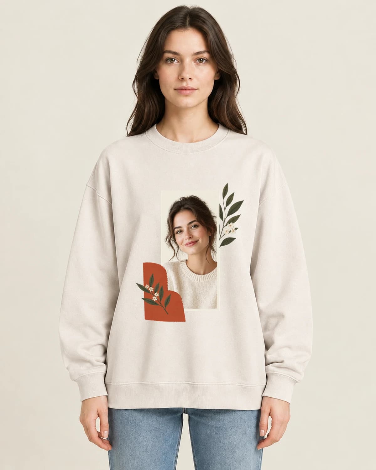 The Face We Remember on women's 220gsm Apricot crewneck; illustrative styling