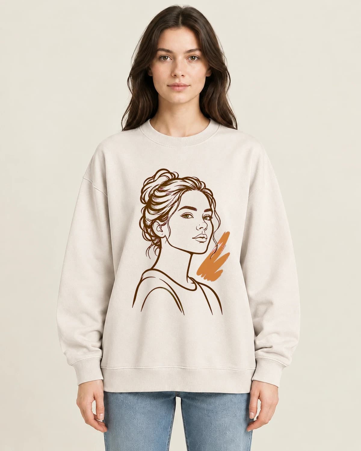 Own Story Ink Portrait on women's 220gsm Apricot crewneck; illustrative styling