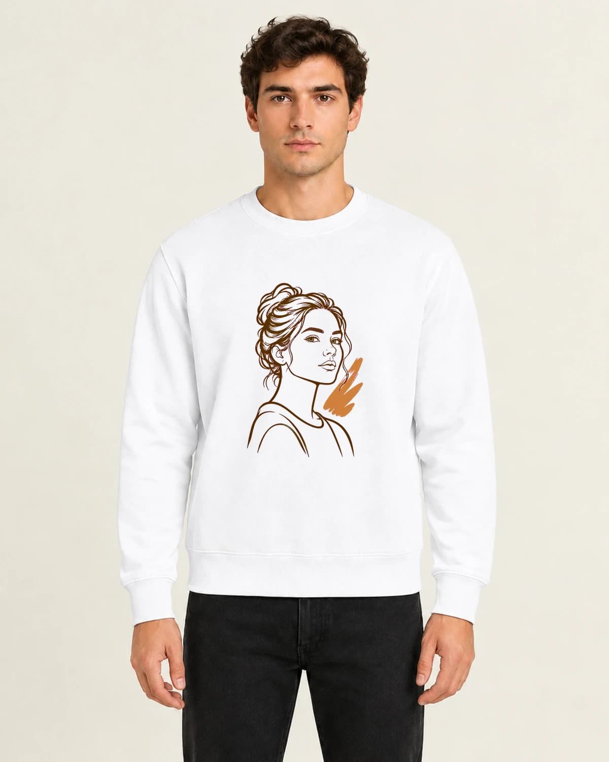 Sweatshirts With Her Face: Own Story Ink Portrait on men's crewneck; illustrative styling