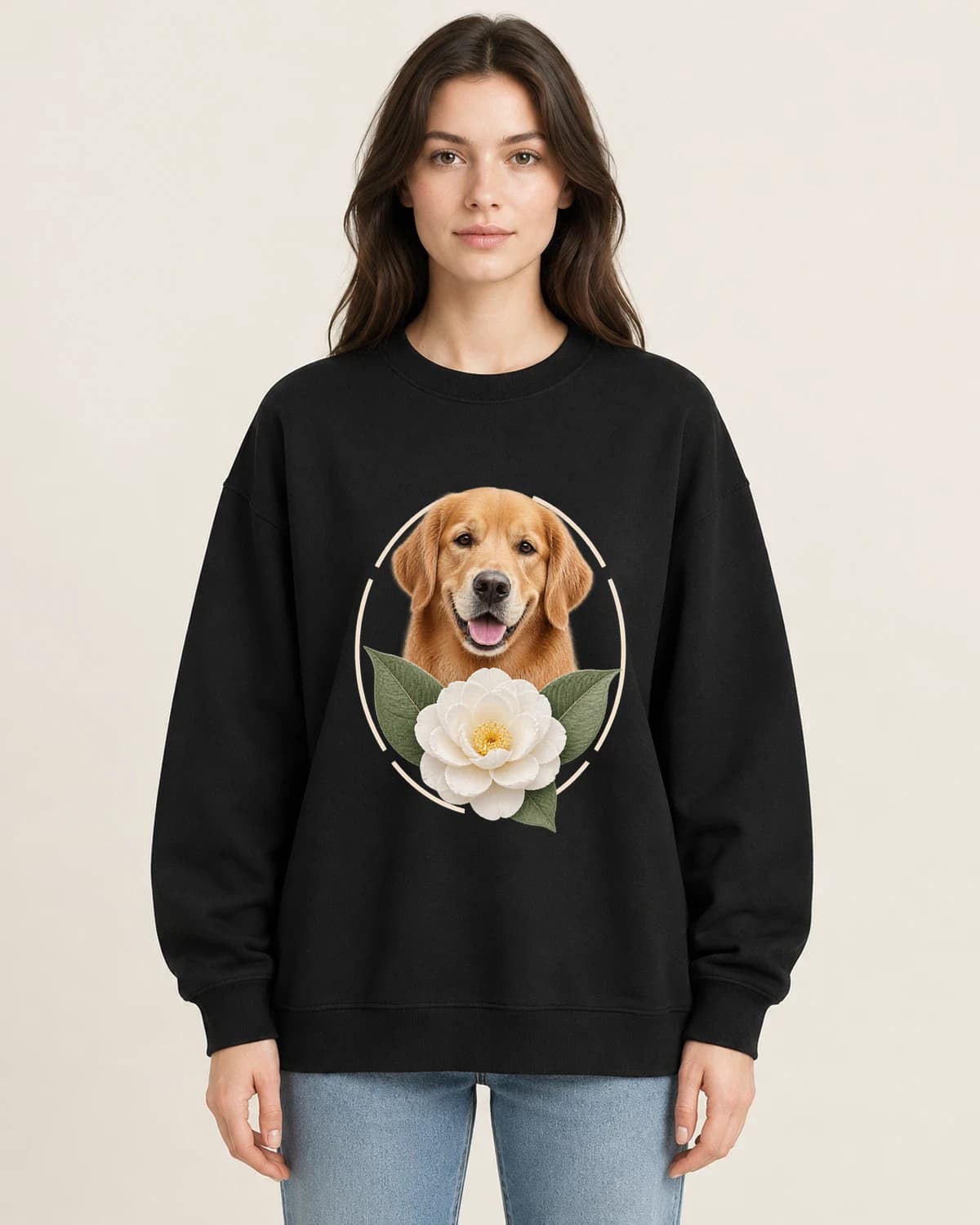 Dog Memory Garden Window on women's 220gsm Black crewneck; illustrative styling