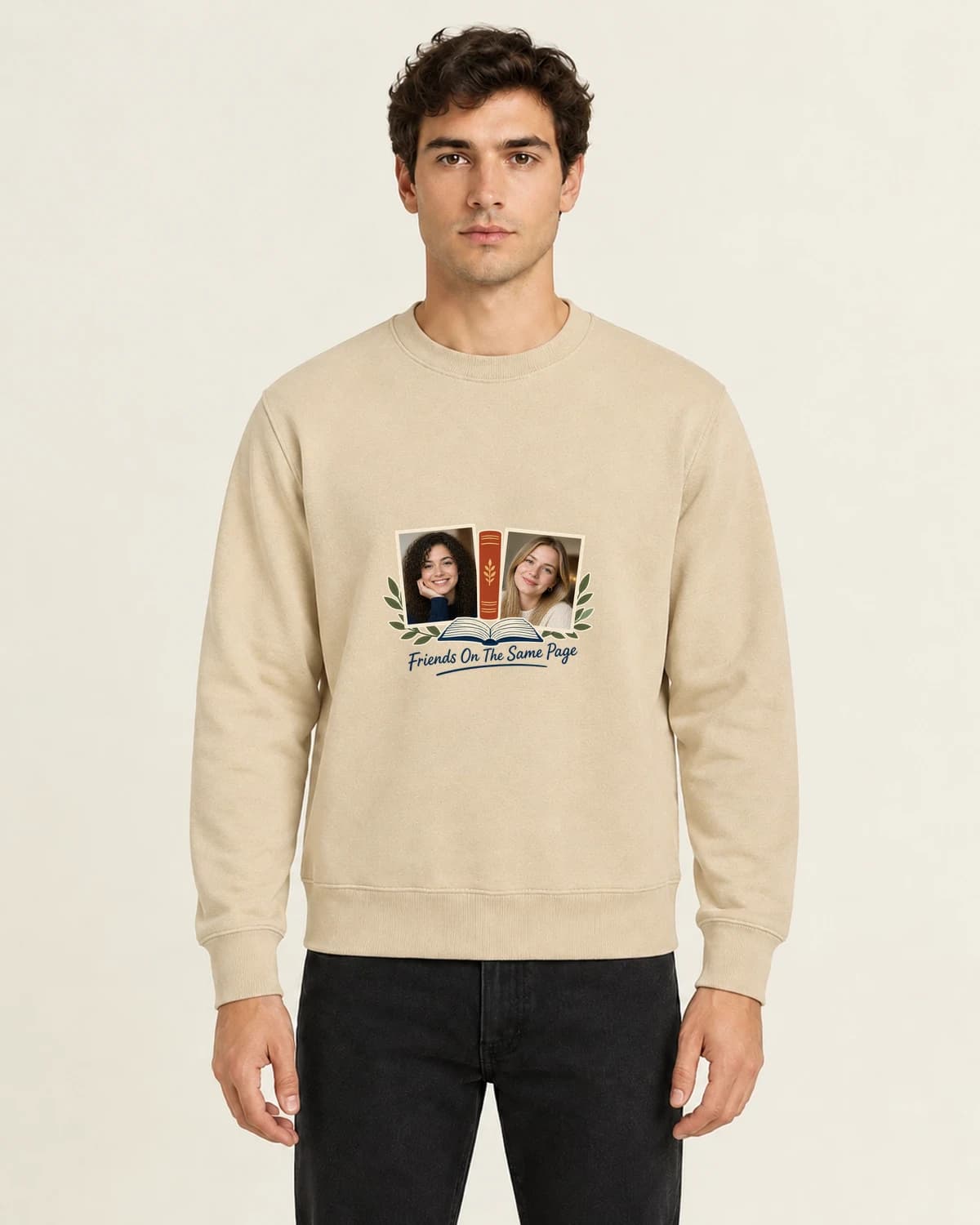 Friends On The Same Page, men's 260gsm Sand; illustrative styling