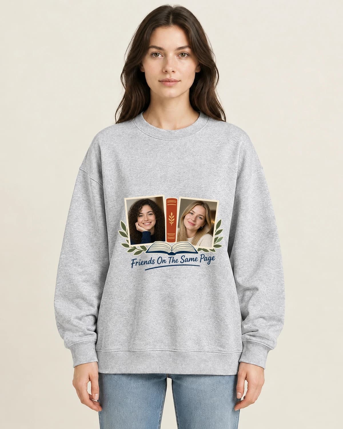 Friends On The Same Page on women's 220gsm Gray crewneck; illustrative styling