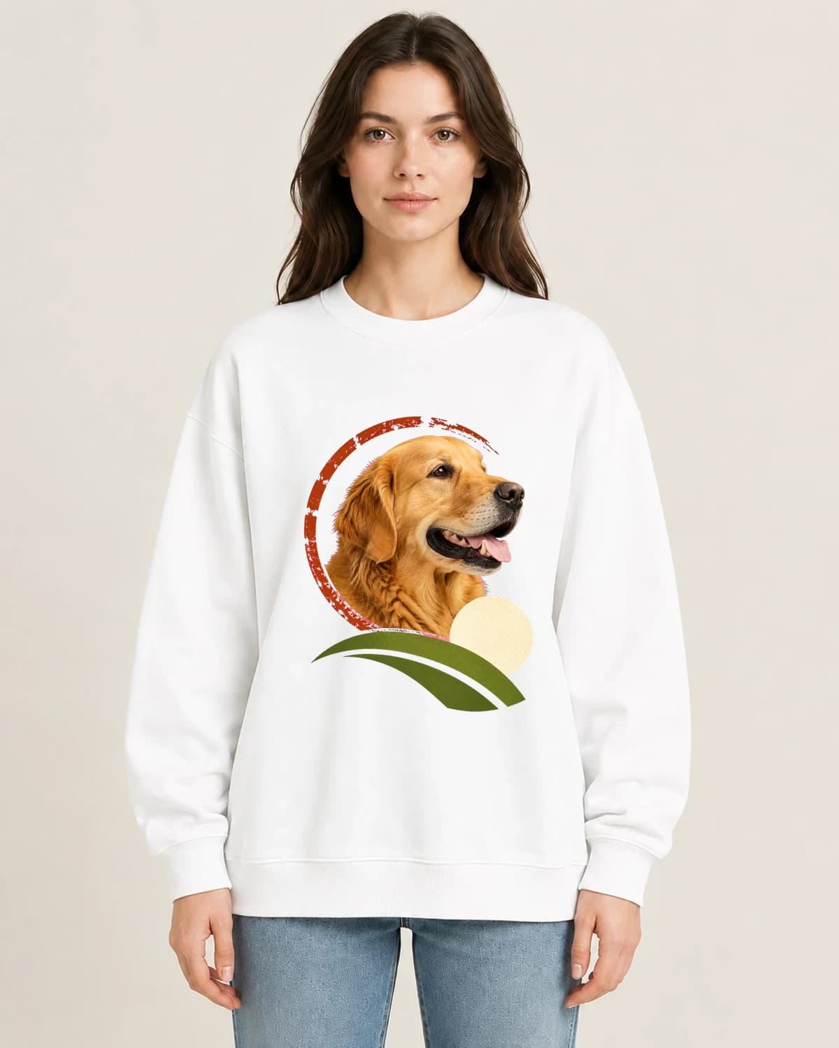 The Dog We Carry on women's 220gsm White crewneck; illustrative styling
