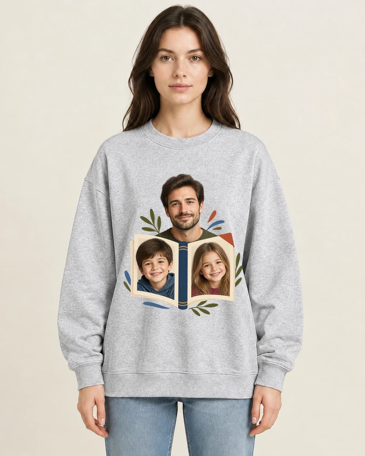Fatherhood Open Album on women's 220gsm Gray crewneck; illustrative styling