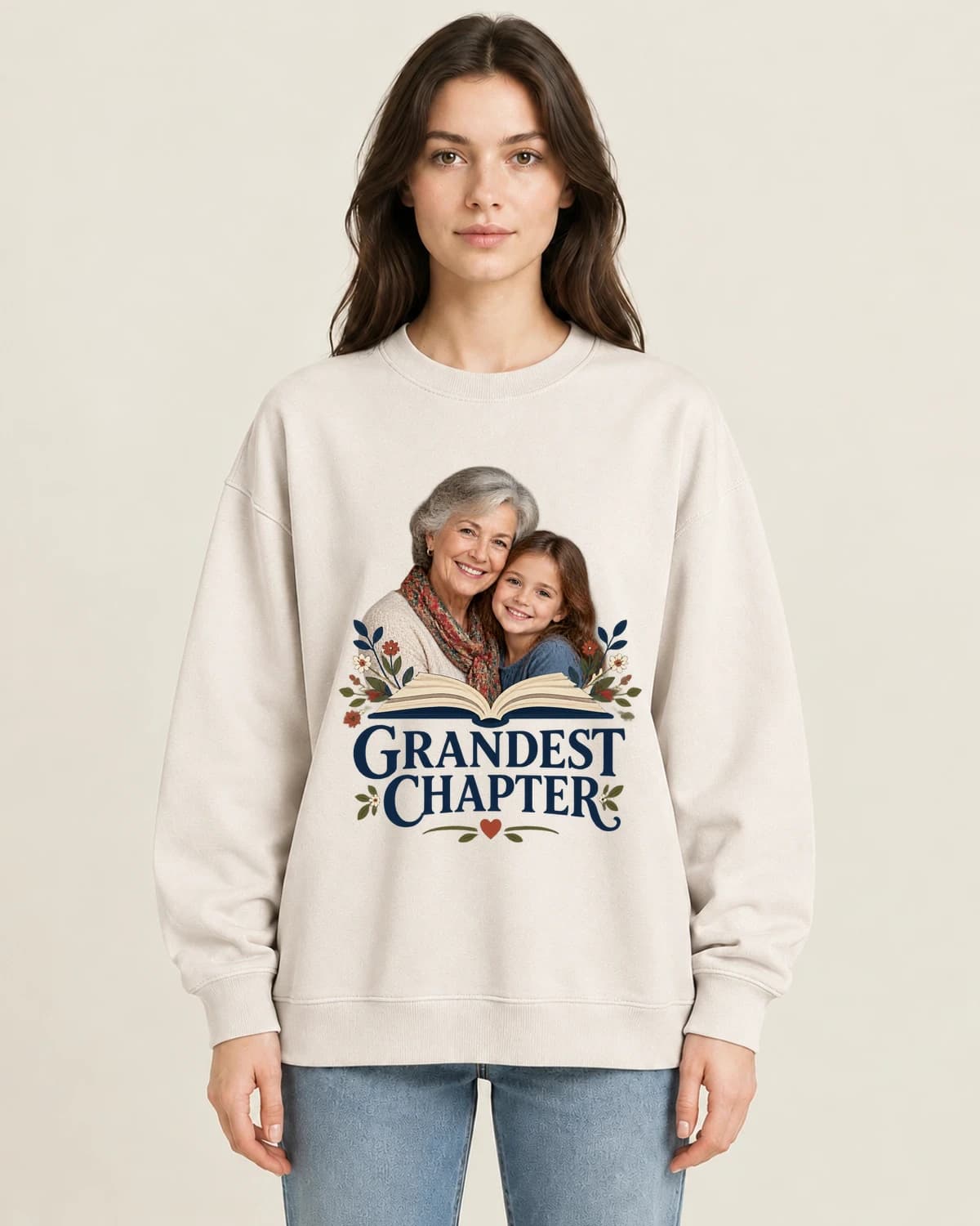 Grandma & Nana Photo Sweatshirts: Her Grandest Chapter on women's crewneck; illustrative styling