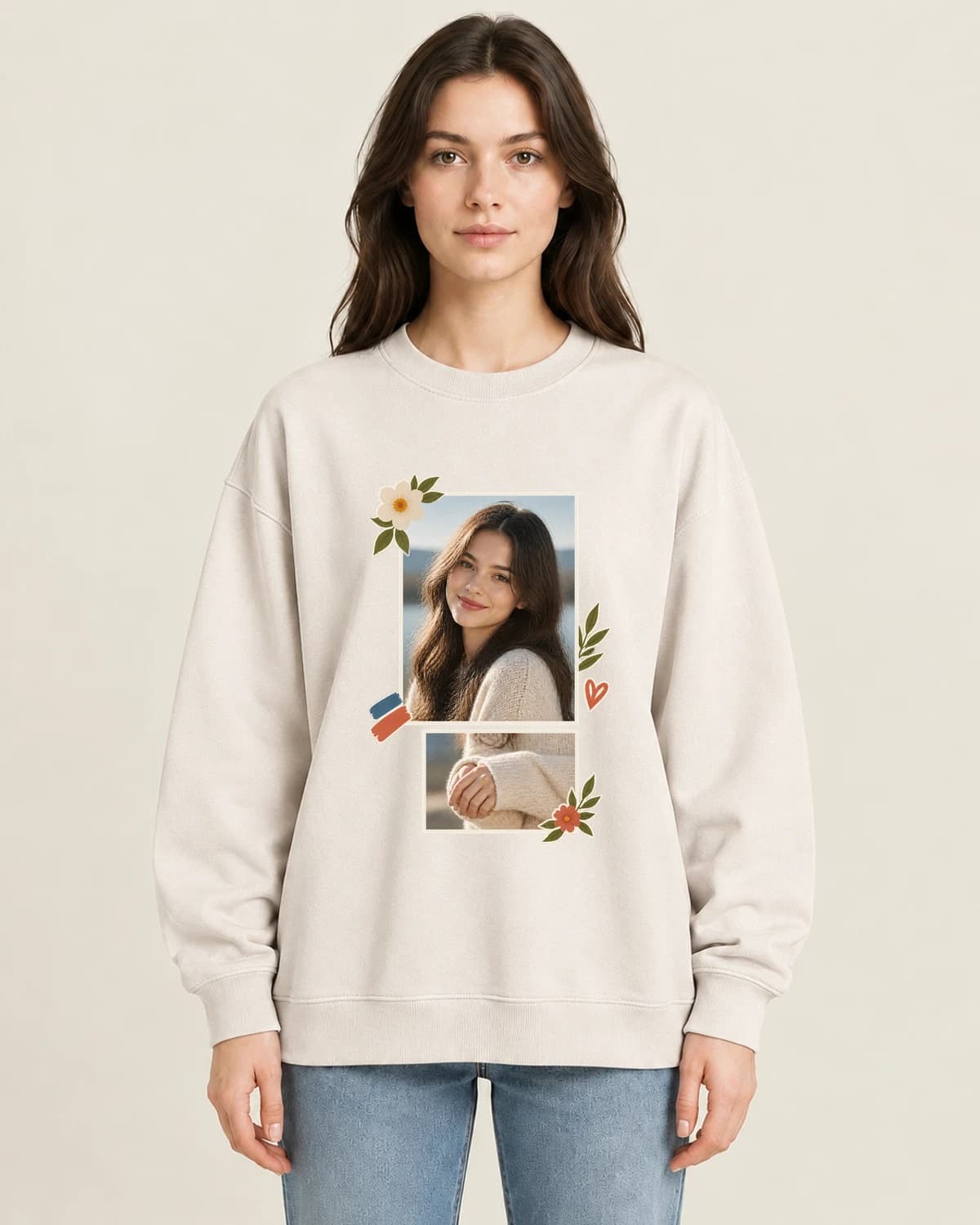 Loved One Album Corner on women's 220gsm Apricot crewneck; illustrative styling