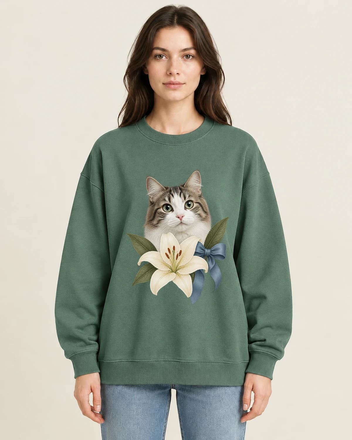 Cat Keepsake Garden Letter on women's 220gsm Army Green crewneck; illustrative styling