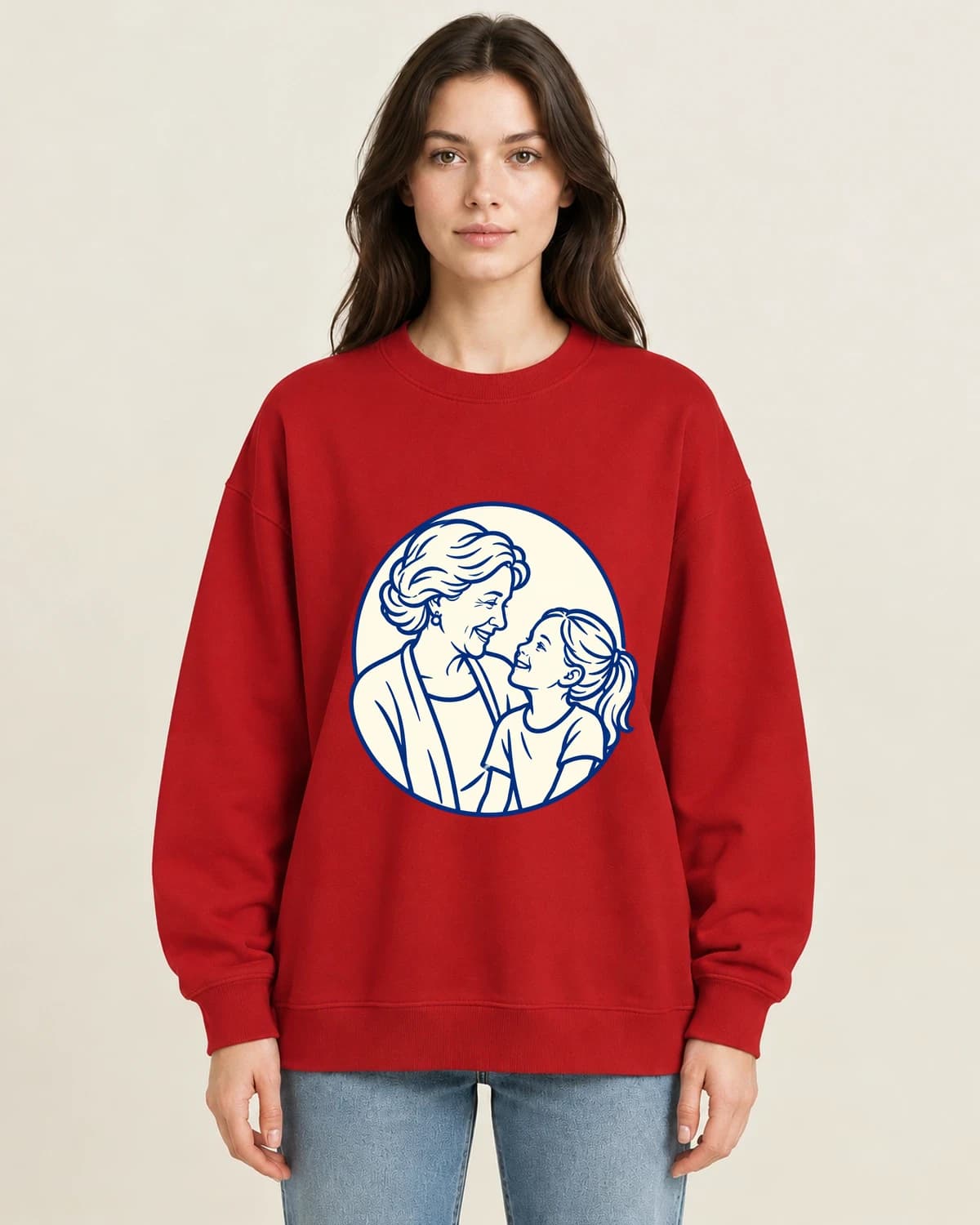 Grandmother Quiet Contour on women's 220gsm Red crewneck; illustrative styling