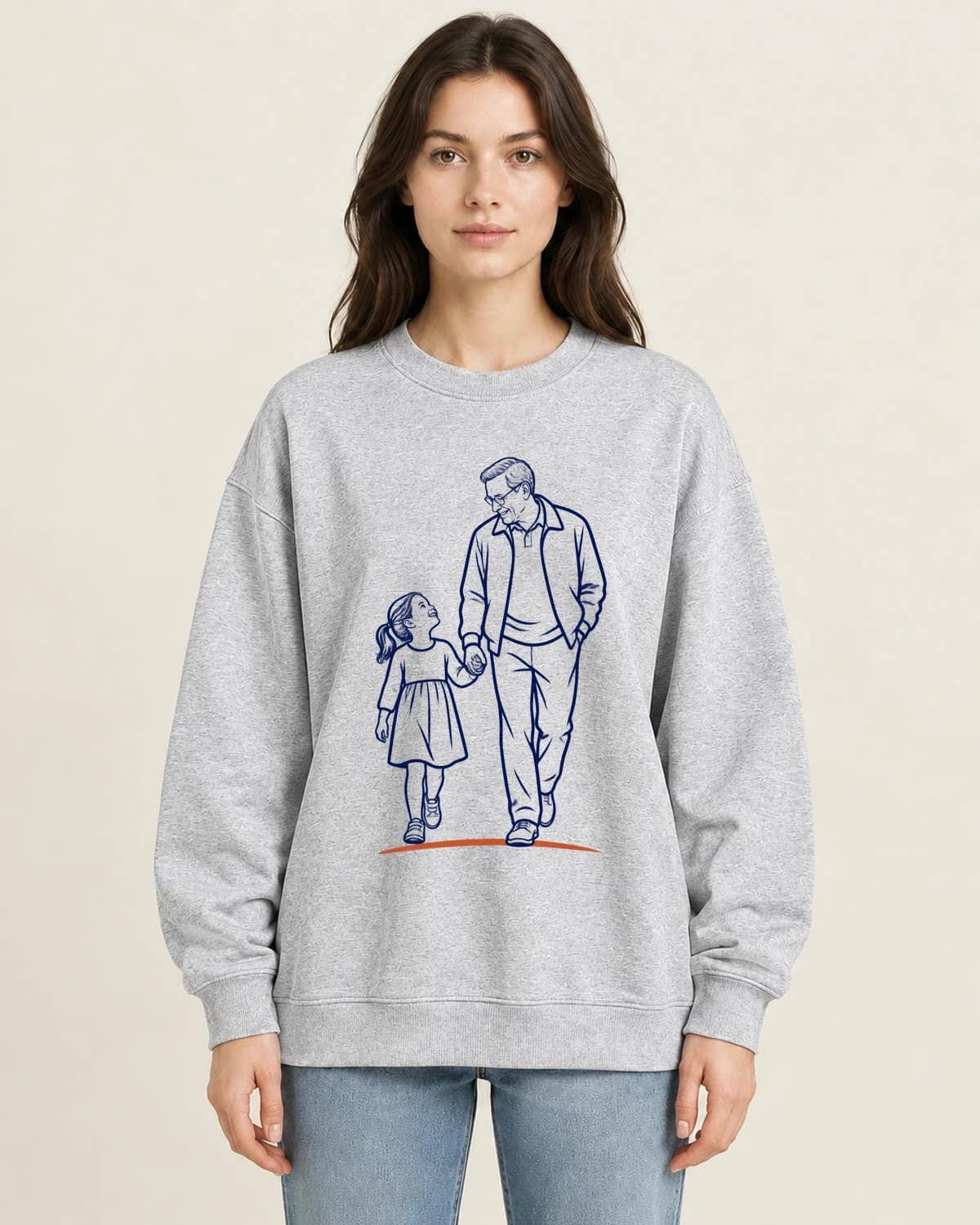 Grandfather Hand In Hand on women's 220gsm Gray crewneck; illustrative styling
