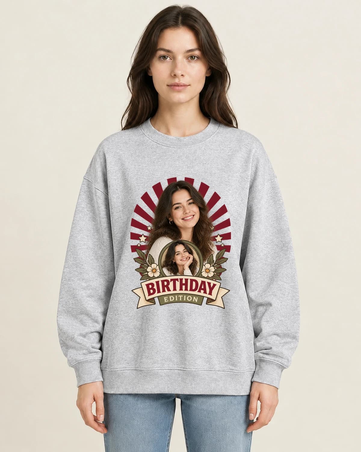 Birthday Portrait Mainstage on women's 220gsm Gray crewneck; illustrative styling