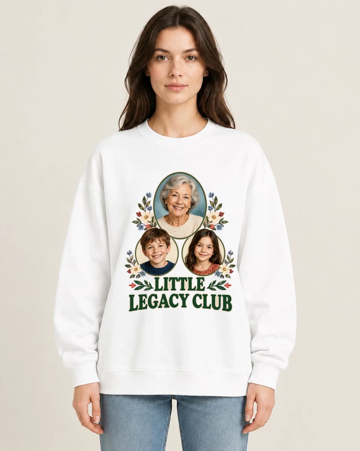 Her Little Legacy Club on women's 220gsm White crewneck; illustrative styling